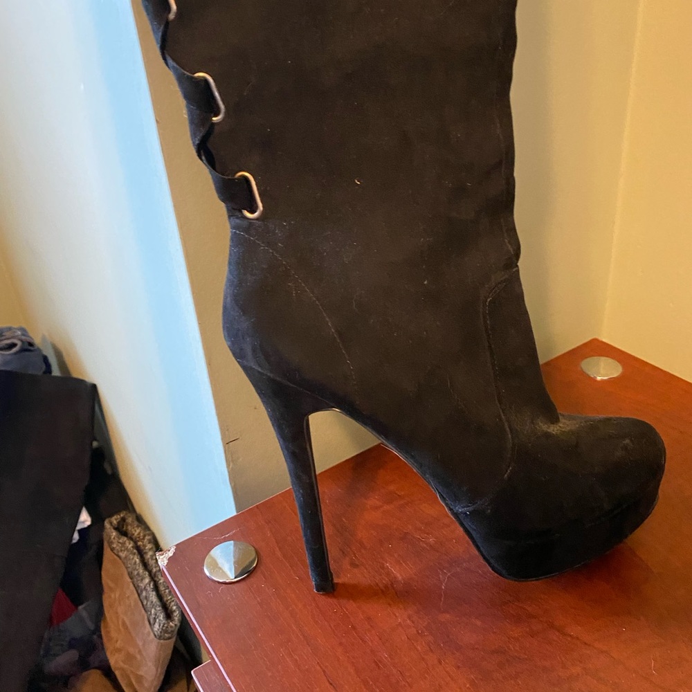 *NEW* ShoeDazzle Over The Knee Laceup 5in Suede Black Stiletto Boots - Picture 5 of 9
